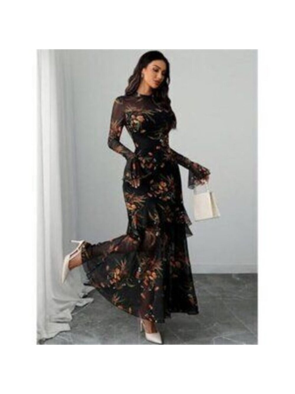 Women's Floral Maxi Dress Sheer Mesh Bell Sleeve Tiered Ruffle Gothic Long Dress - Picture 5 of 5